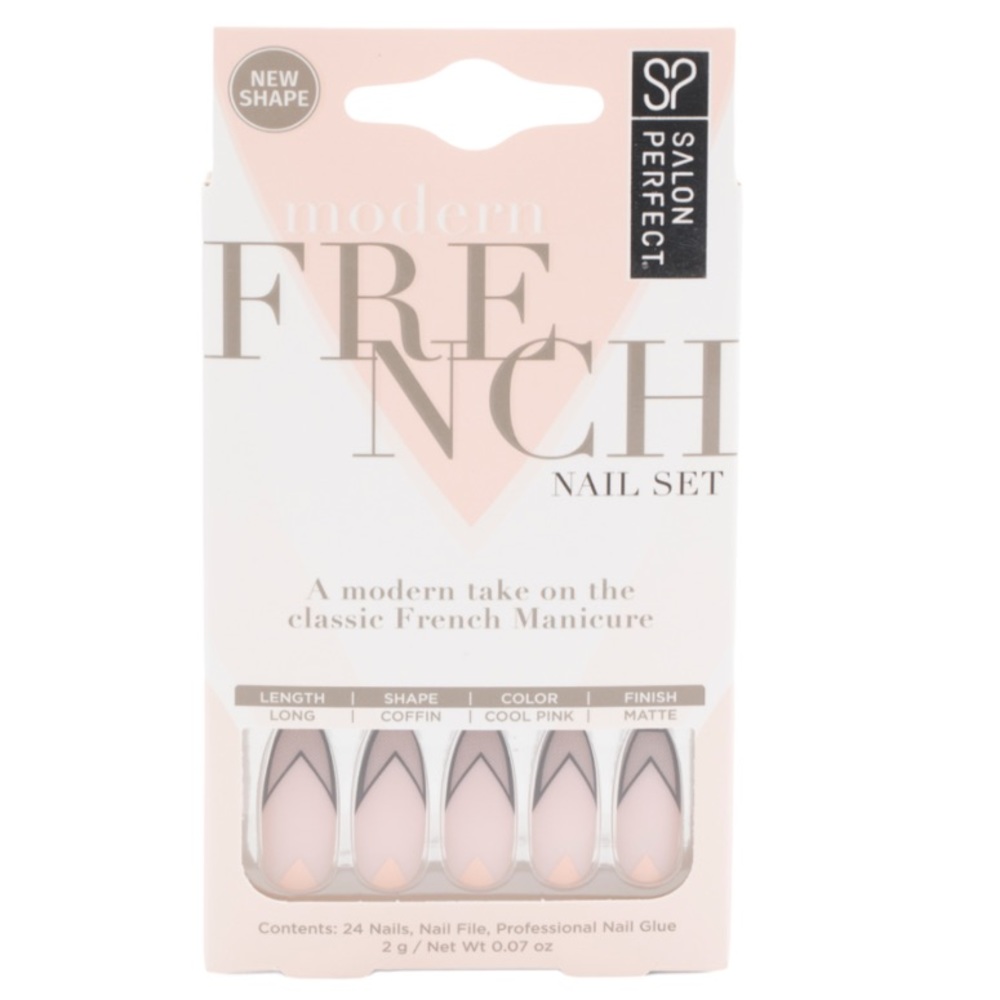 SALON PERFECT Modern French Matte Long Coffin Shape Press On Nail Set, Cool Pink